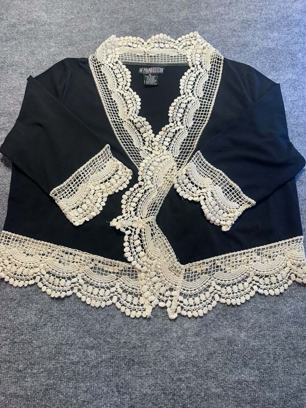 The Pyramid Collection Black Boho Crochet Lace Trim Open Front Cardigan Shrug